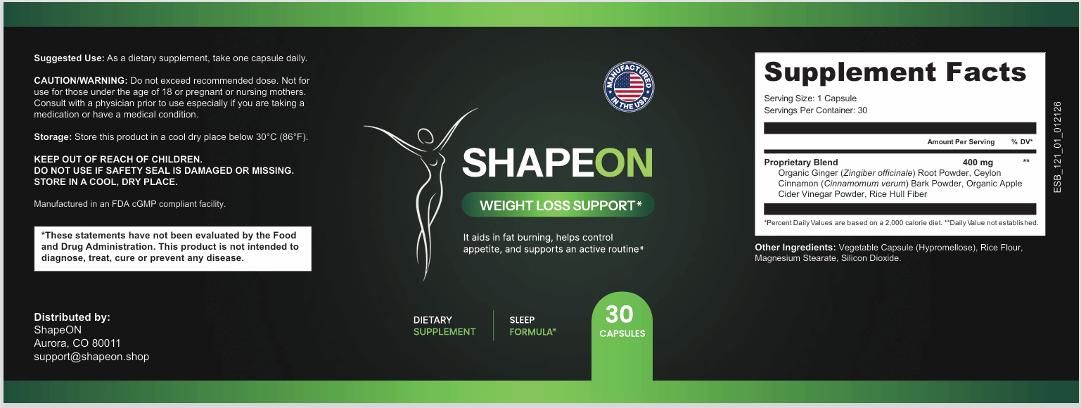 ShapeON supplement facts label